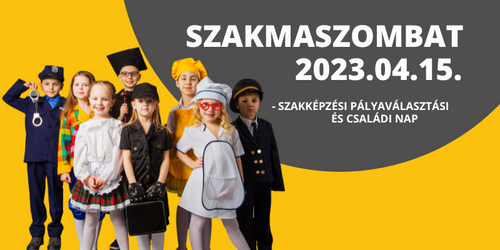 szakmaszombat plakát szürke és sárga színben gyerekekkel